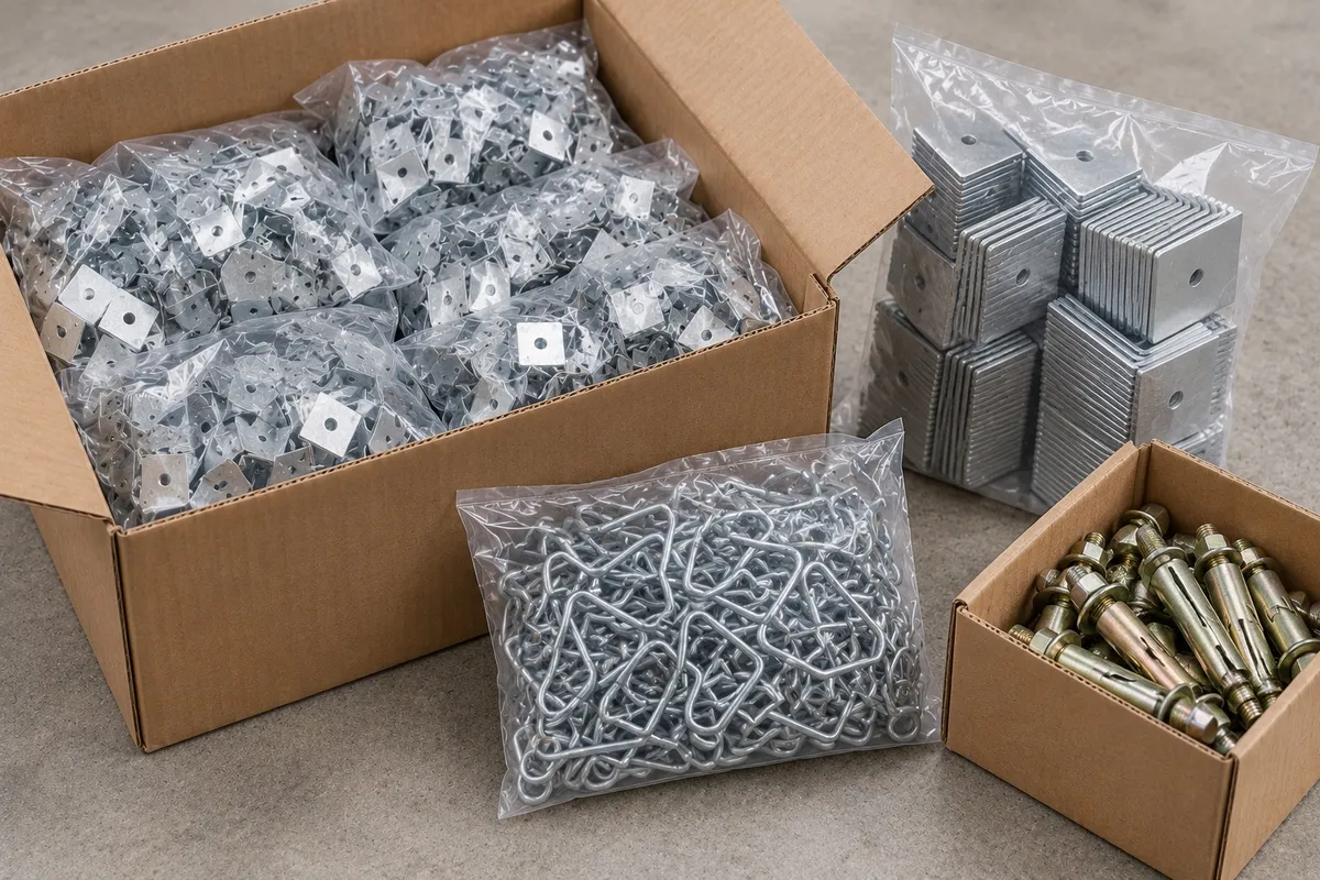 Cartons and bags of ceiling clips, cleats and anchors ready for dispatch