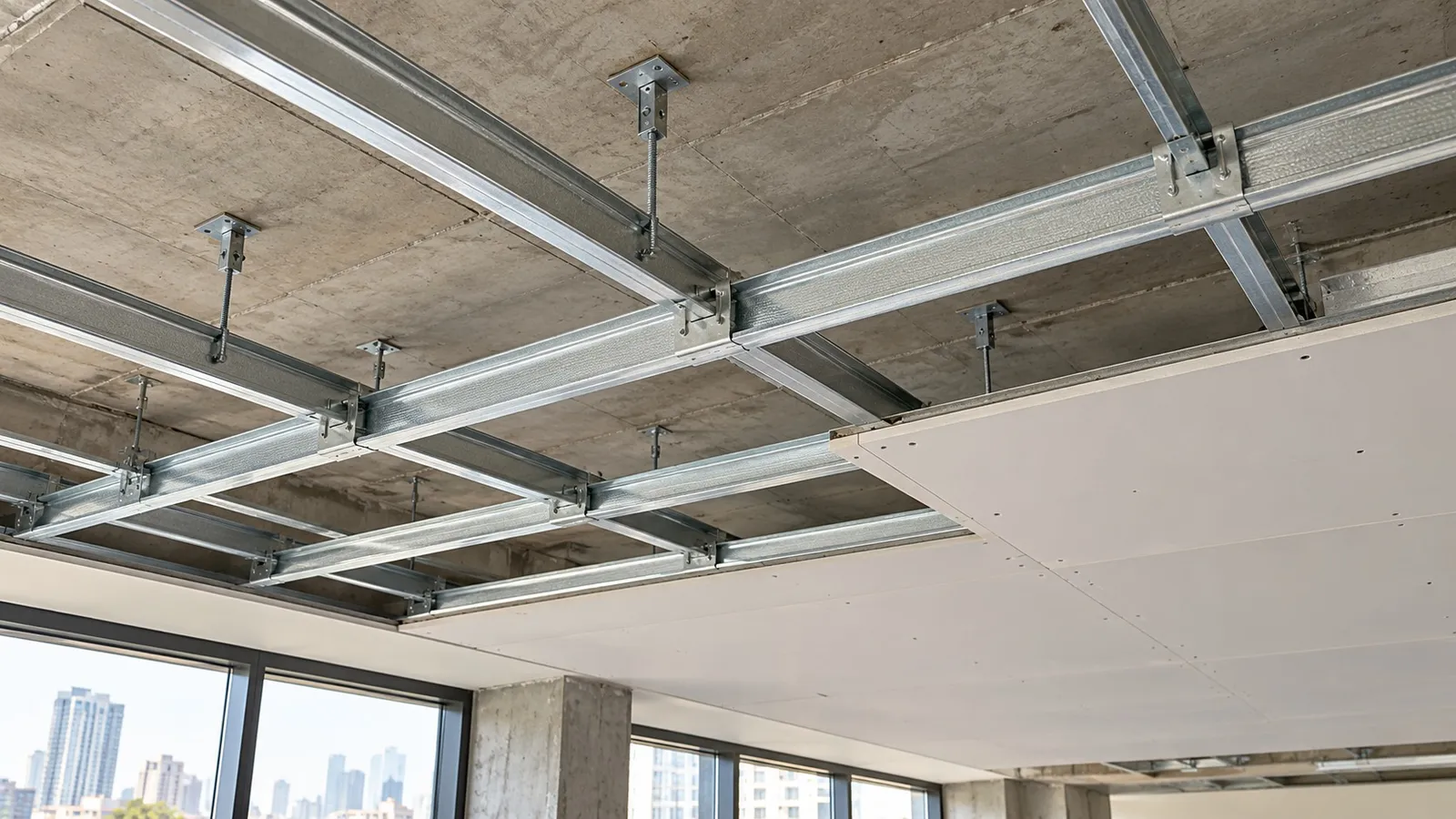GI false ceiling framework being installed in an office